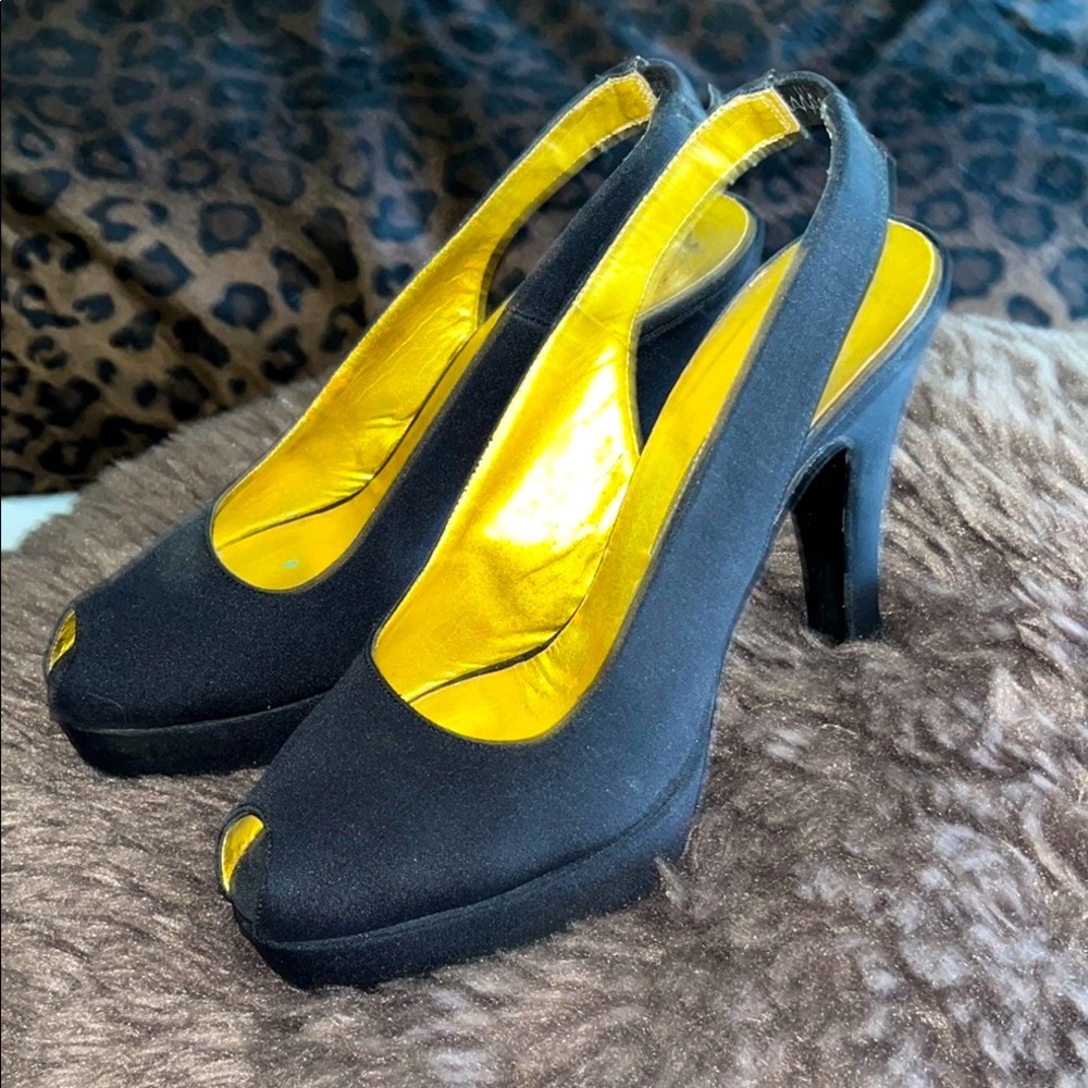 Anne Klein Couture Italy Stylish Black Satin Open toe Sling back High Heel Shoes